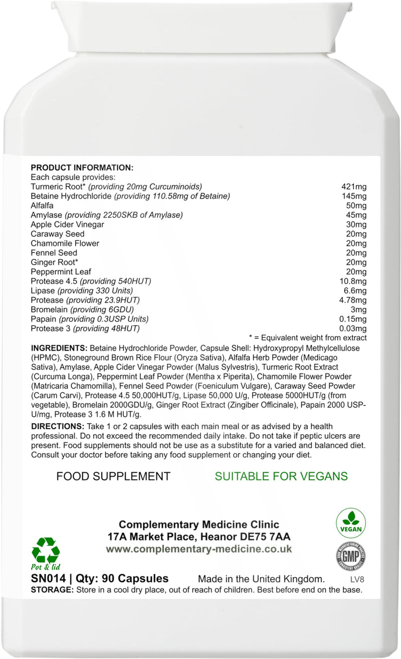 Digestive Enzyme Complex – Digestive Support & Bloating Relief with Betaine HCl, Lipase, Protease, Bromelain, Peppermint & Turmeric – Vegan – 90 Capsules