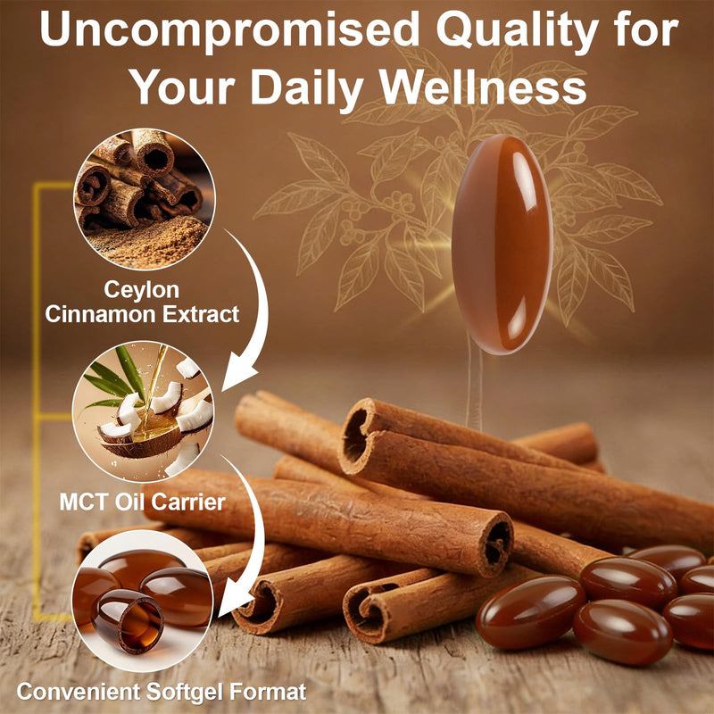 Ceylon Cinnamon SoftGels with MCT Oil, 600mg Cinnamomum Verum Extract for Metabolism Support & Digestive Comfort,Gentle Daily Wellness Support – Non-GMO & Gluten Free - 300 Vegan