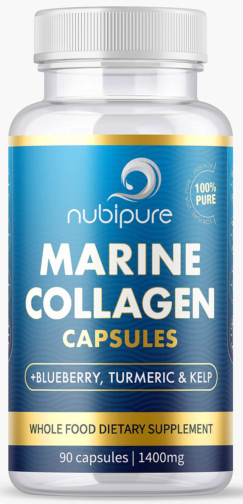 High Strength Marine Collagen 1400MG Tablets - with Turmeric & Kelp - Skin, Hair, Nails & Joints - with Hyaluronic Acid, Blueberry, Biotin, Vitamin C, E, B2, B7 Minerals - Hydrolysed Type 1 90 Capsule