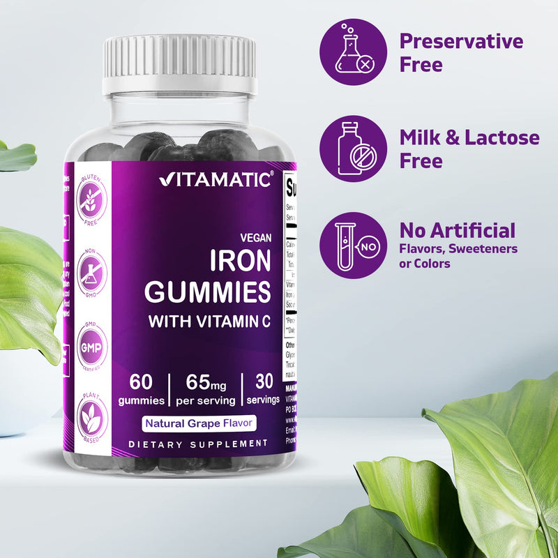 [Australia] - Vitamatic Iron 65 mg Gummies Supplement for Women & Men - 60 Vegan Gummies - Great Tasting Iron Gummy Vitamins with Vitamin C (1) 1 