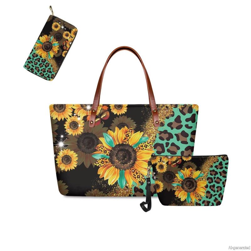 GIFTPUZZ Women Top Handle Bags Handbags with Zipper Leather Wallet Cash Card Phone Holder and Makeup Bag Set 3pcs Sunflower Leopard Print