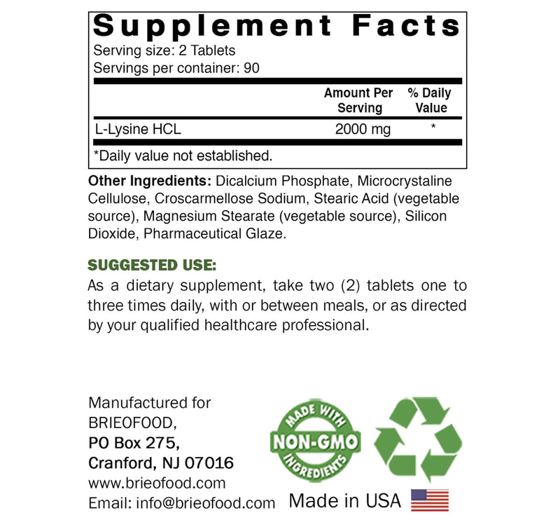 [Australia] - Brieofood L-Lysine 2000mg per Serving - 180 Vegetarian Tablets - Lysine for Cats & Immune Health 