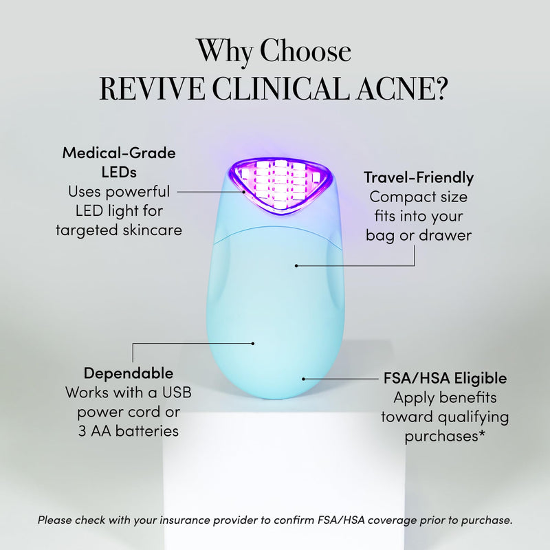 reVive Essentials Acne Device, FDA-cleared Red & Blue Light Acne Tools, Medspa Quality LED Light Therapy Products, Portable Triangular Design Face Tools for Skincare, Battery or USB Power Mini
