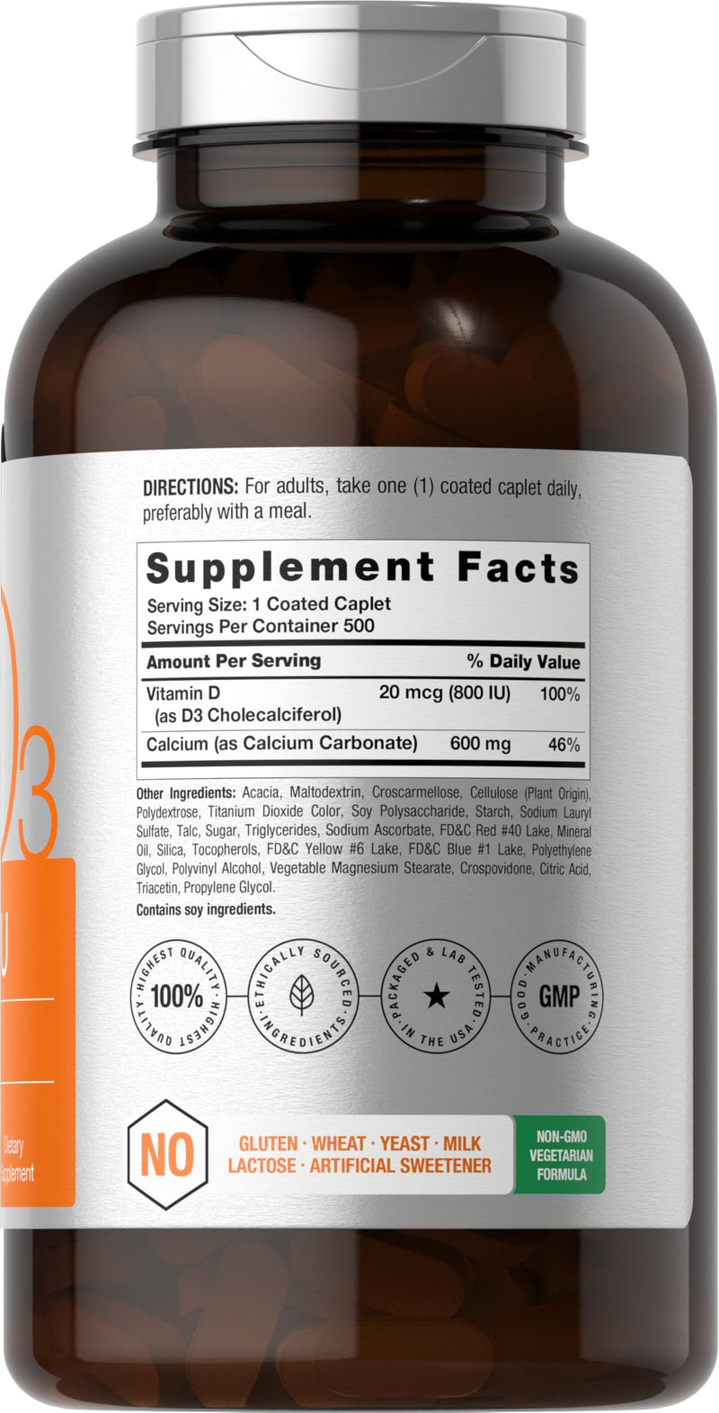 Horbaach Calcium 600 mg with Vitamin D3 | 500 Coated Caplets | For Women and Men | Non-GMO & Gluten Free Supplement