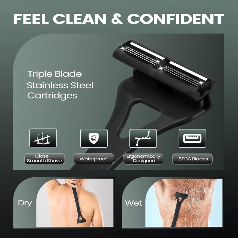 Back Shavers for Men with Foldable Long Ergonomic Handle: DIY Hair Shaver, Replaceable Safety Blade & Portable Razor Groomer for Men, Wet & Dry Shaving-Black (8PCS Blades Included) Black