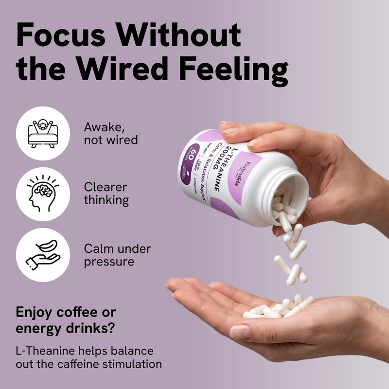 L-Theanine 200mg – Calm Focus Without Drowsiness – Stress Relief & Mental Clarity Support – Non-GMO, Vegan, Gluten-Free, Third Party Tested – 60 Capsules
