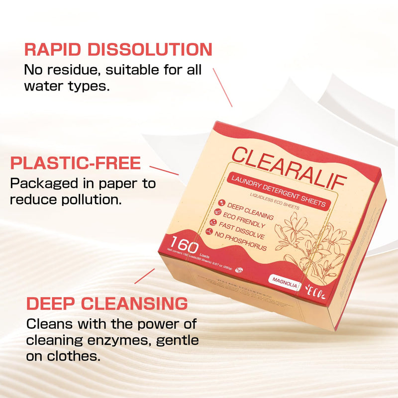 [Australia] - CLEARALIF All in One Laundry Detergent Sheets Kit, Magnolia Scent, 160 Loads Laundry Sheets + 160 Drying Sheets, Laundry Set Great for Travel, Softener Sheets Eco Package Friendly & Hypoallergenic 