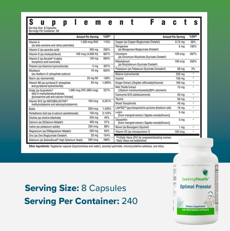 [Australia] - Seeking Health Optimal Prenatal, Women’s Vitamin with B12, Methylfolate, Choline, Methylation Support, Nutrients to Support Fertility, Pregnancy & Breastfeeding, 240 Vegetarian Capsules 