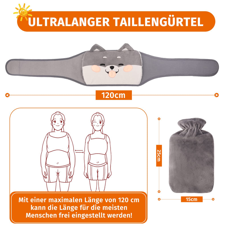 [Australia] - Hot Water Bottle Belt, Fesaizwi 1L Hot Water Bottle Belt 3 in 1 Portable PVC Hot Water Bottle, Hot Water Bottle with Soft Cover and Waist Cover, for Neck and Shoulder Back Legs Gray Puppy 