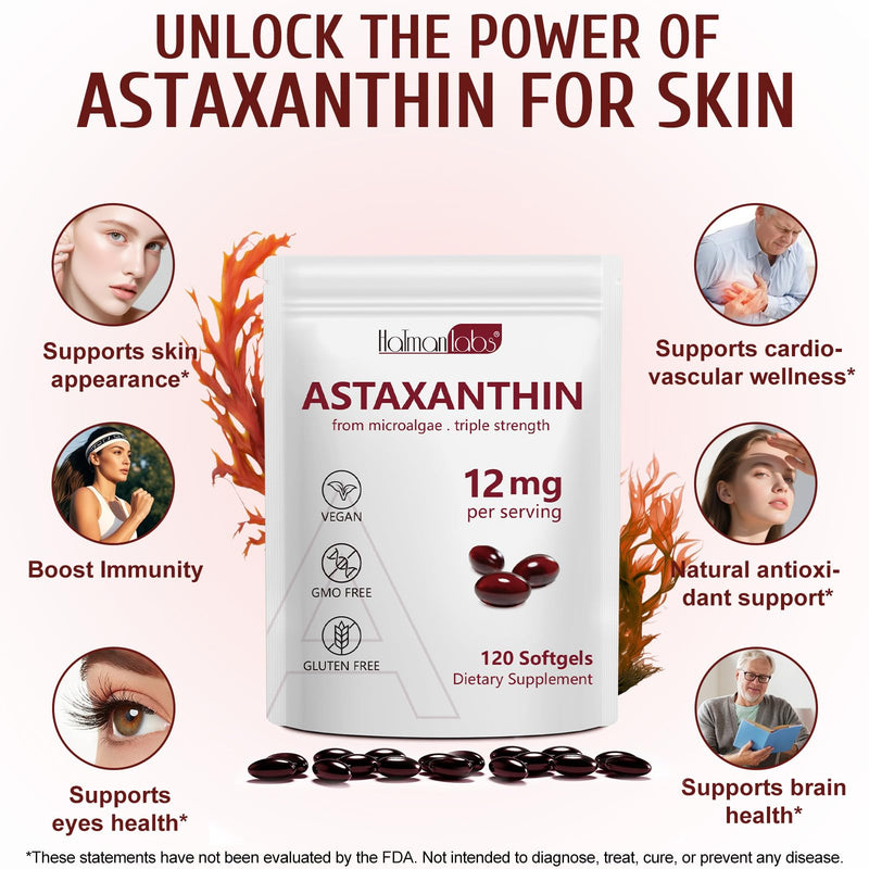 [Australia] - Astaxanthin 12mg - 120 Softgels - 4 Month Supply - Organic Astaxanthin Antioxidant Supplements Supports Eye, Joint, Internal Circulation and Skin Health - Non-GMO 