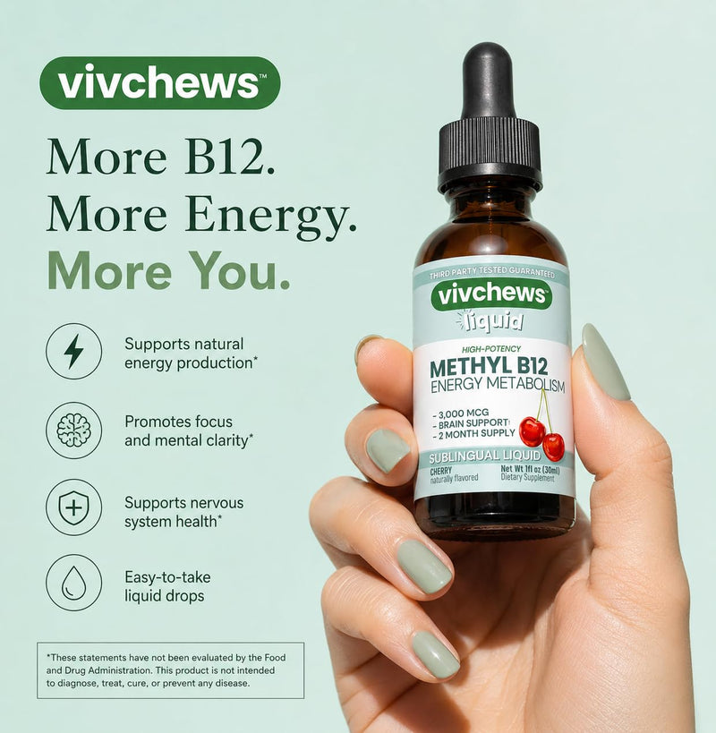 High-Potency Vegan Methyl B12 Liquid Drops for Energy & Brain Support, 3,000 mcg per Serving, Stevia-Sweetened, Non-GMO, Gluten-Free, Alcohol-Free, 2-Month Supply, Nothing Artificial