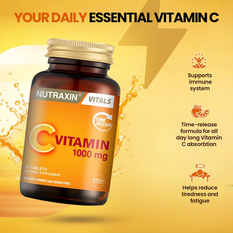 Nutraxin Vitamin C Tablets, 1000mg - Time-Release Formula for Immune Support with Rosa Canina & Citrus Bioflavonoids - Non-GMO, Gluten-Free, No Additives - 30 Tablets for Daily Health & Wellness Vitamin C Tablets – 30 Tablets