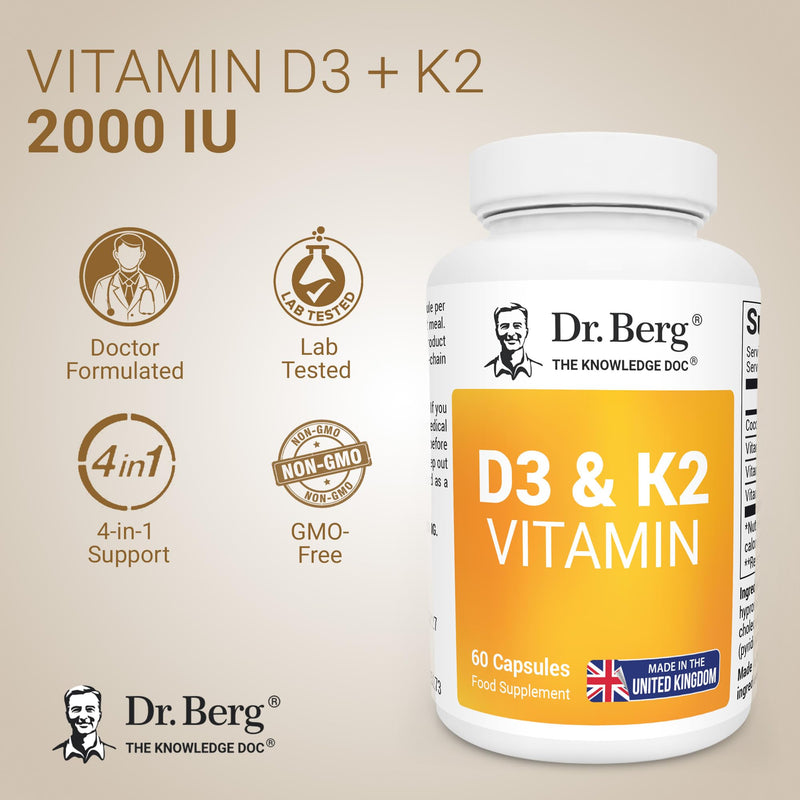 Dr. Berg Vitamin D3 K2 with MCT Powder - Includes 2,000 IUs of Vitamin D3 & 50 mcg MK7 Vitamin K2 - No Added Sugars, Maltodextrin or Corn Syrup - 60 Capsules 60 count (Pack of 1)