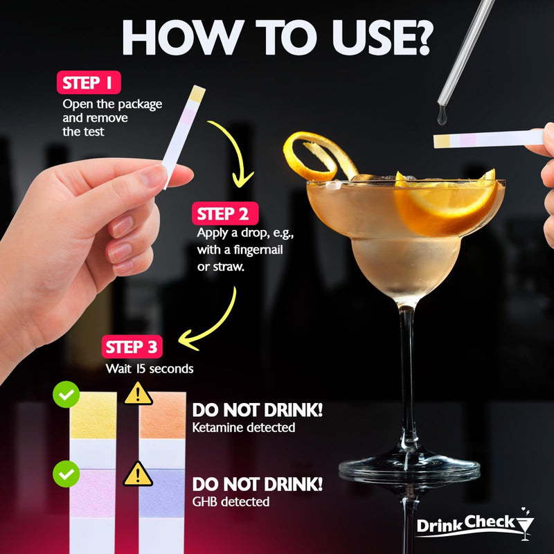 Spiked Drink Test Strips - 10 Tests - Detects GHB and Ketamine - Superior Alternative to Messy Drug Test Nail Polish & Straws - Compliant with California Law