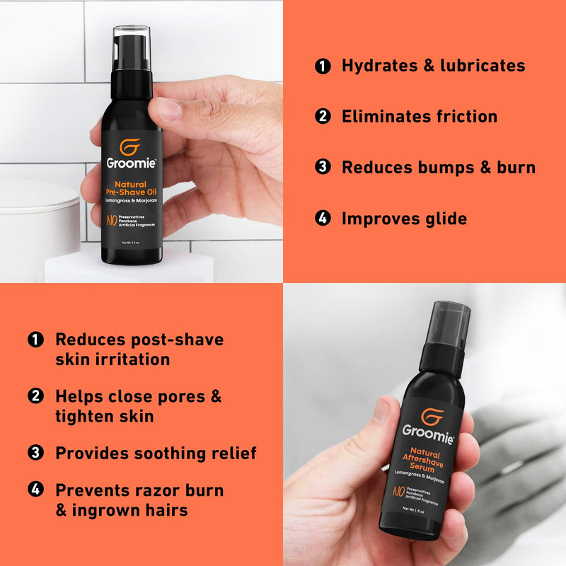 [Australia] - GROOMIE No Hair, Don't Care Bundle - 5D BaldiePro Electric Head Shavers for Bald Men, Natural Pre-Shave Oil to Promote Close Shave, & Natural Aftershave Serum - Mens Head Shaver Kit w/Electric Razor 10PC Shaver Set 