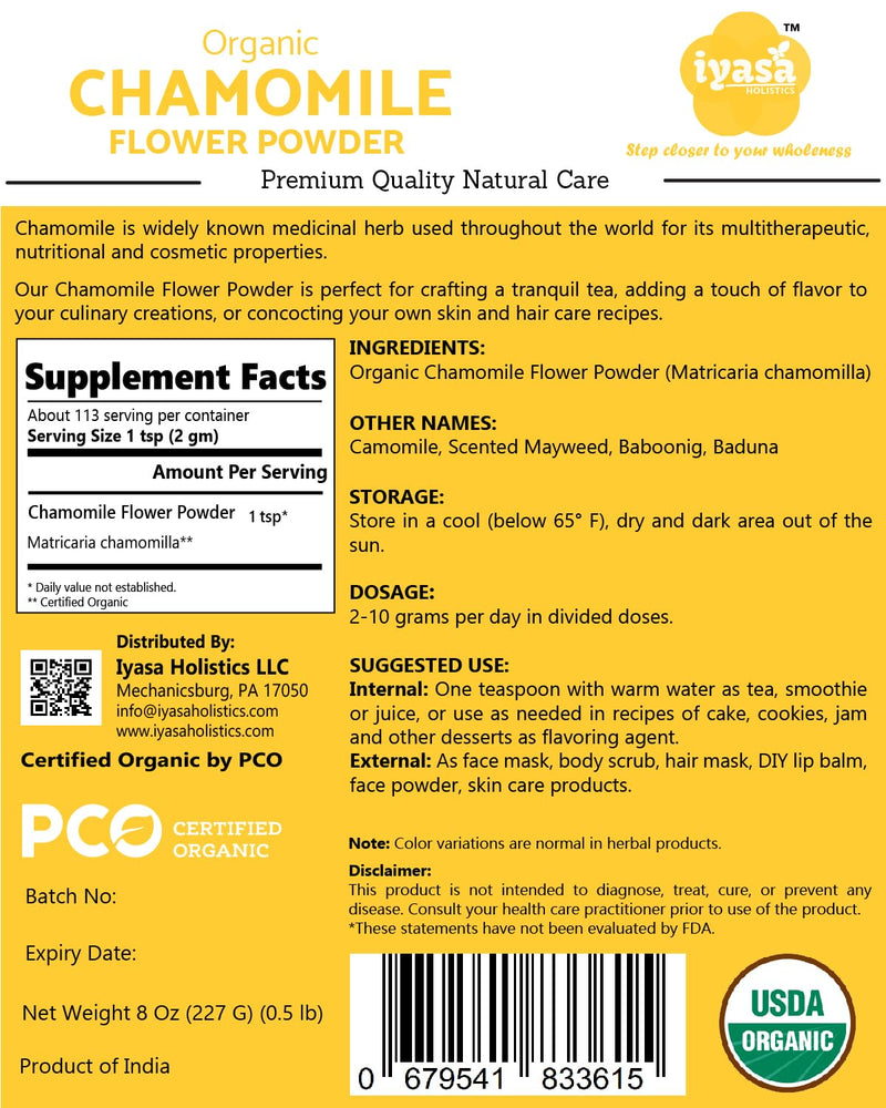 [Australia] - Organic Chamomile Flower Powder, Food Grade for Baking, Cooking, Tea, Summer Drinks, DIY Skin and Hair Care Products, Natural Face Packs, Face Mask 8 oz 223 gm 