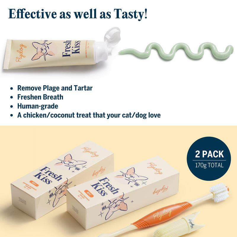 [Australia] - FlyDog Fresh Kiss Dog Tooth Brushing Kit - Vet Approved Formula, Enzymatic Dog Toothpaste and Brush - Breath Freshener & Tartar Remover, 360° Toothbrush & Finger Brush, Dental Guide, Mint Flavor Mild Mint 3 Ounce (Pack of 2) 