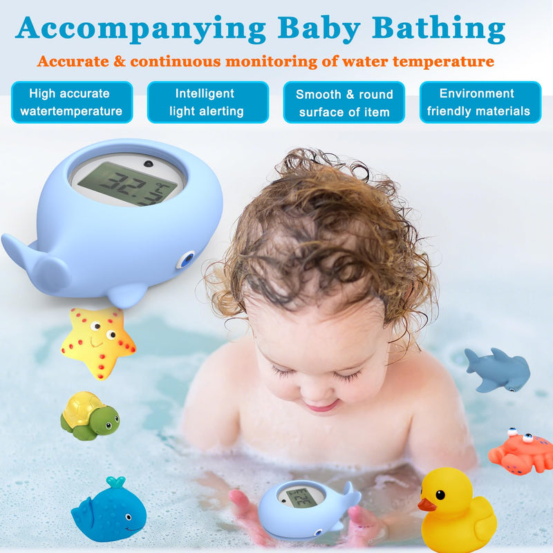 Baby Bath Thermometer with LED Display and Temperature Warning, Digital Room Thermometer & Fahrenheit Water Temperature Thermometer, Infant Bath Toys Floating Toy Safety Thermometer for Kids Newborn Blue