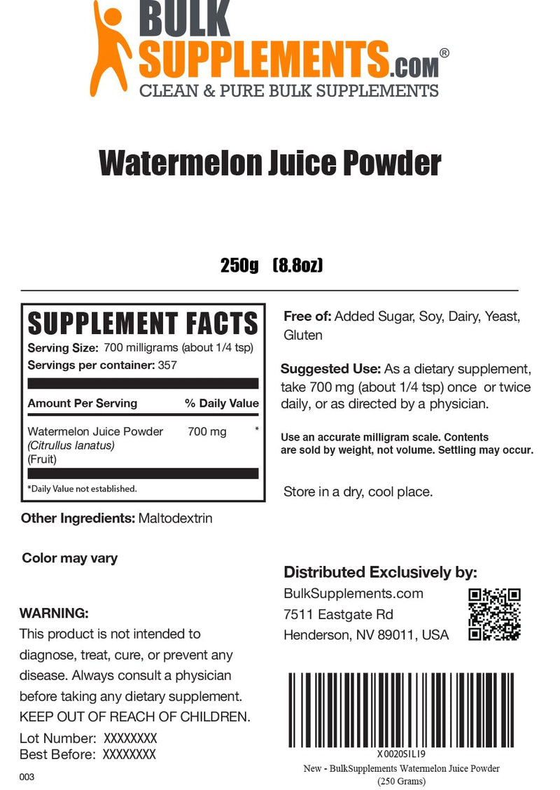 BulkSupplements.com Watermelon Juice Powder - From Watermelon Fruit, Watermelon Powder - Fruit Powder, Hydation Supplement - 700mg per Serving, 250g (8.8 oz) (Pack of 1) 8.8 Ounce (Pack of 1)