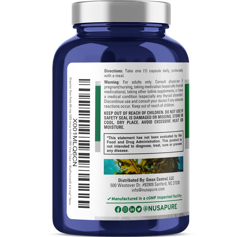 [Australia] - NusaPure Sea Kelp Iodine 325mcg per Veggie Capsule 200 Count (Non-GMO, Gluten Free, Organic Kelp, Bioperine) 