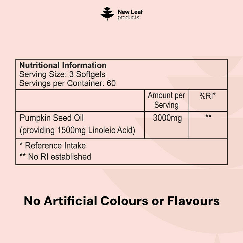 Pumpkin Seed Oil Capsules 3000mg - 100% Cold Pressed – 180 Softgels – 1500mg Linoleic Acid - Omega 6-Pumpkin Seed Oil for Hair Growth - UK Made By New Leaf Products 50% Linoleic Acid