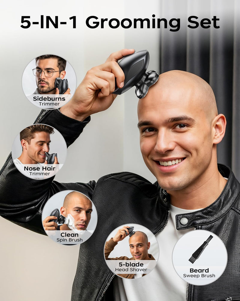 [Australia] - Head Shavers for Bald Men, 5-in-1 Electric Razor for Men with IPX7 Waterproof, 5D Rotary Shaver, Wet Dry Bald Head Shavers Grooming Kit, LED Display Rechargeable Body Hair Trimmer for Home & Travel 