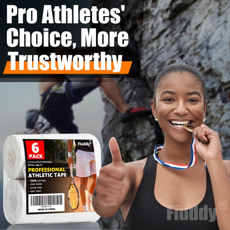 [Australia] - Professional 6 Pack White Athletic Sports Tape - 1.5 Inch √ó 27 Feet Per Roll | Total 162 Feet, Very Strong Easy Tear No Sticky Residue Wrist Ankle Tape for Football Climbing Soccer Gymnastics Injuries 