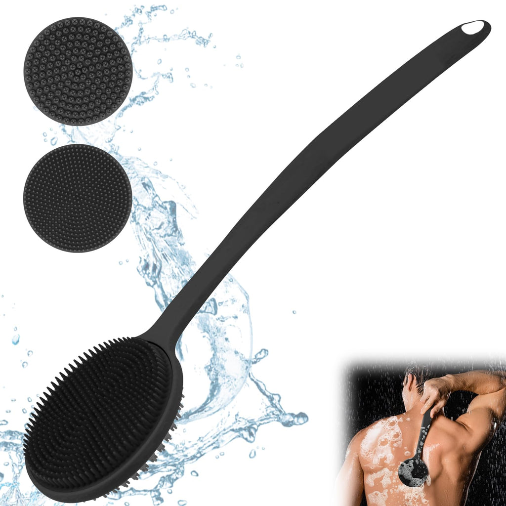 Silicone Back Scrubber for Shower, New Update Bath Body Double Sided Brush with Long Handle for Shower Exfoliating and Massage Can Produce More Rich Foam for Men and Women Black