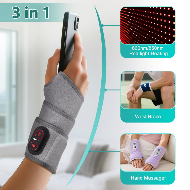 Cordless Wrist Heating Pad with Massage, Red Light Heated Wrist Brace for Pain Relief, Rechargeable Heated Wrist Brace for Carpal Tunnel, Women and Men Wrist, Hand, Arm, Ankle