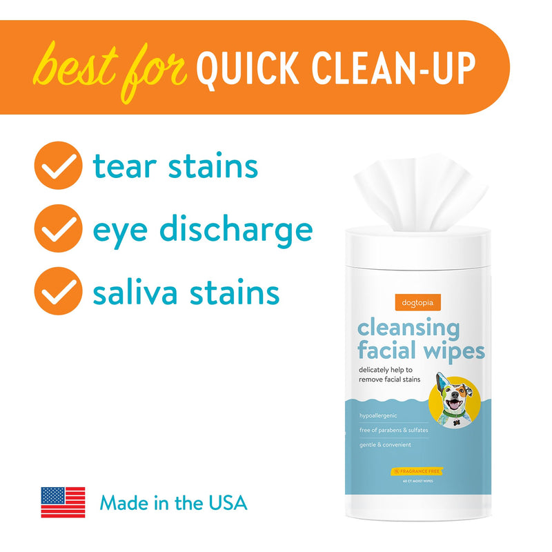 Cleansing Facial Wipes for Pets | Convenient Face Cleaning Wipes (60 Count) for Dogs and Cats | Hypoallergenic, Fragrance-Free, Remove Eye Discharge and Tear Stains - PawsPlanet Australia