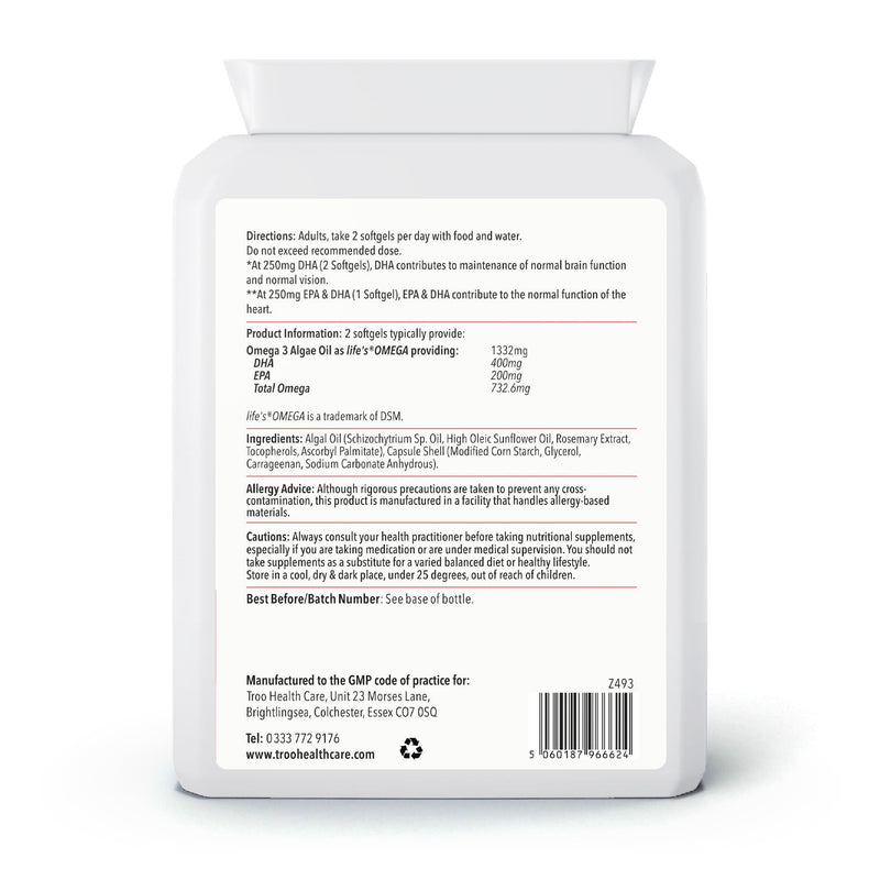 Troo Health Care Vegan Omega 3 Algal Oil 1332mg Per Serving - Provides 732mg Omegas Including a Minimum of 400mg DHA & 200mg EPA - Sustainable Plant Source Omega Oil Softgels - 90 Capsules - UK Made