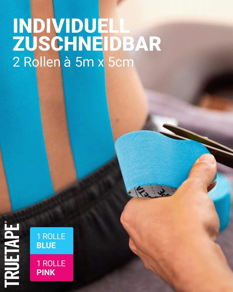 [Australia] - TRUETAPE® Kinesiotape - BASIC Uncut Duo - 2x rolls (5 m x 5 cm) uncut - Waterproof & Elastic Kinesiology Tape - Physiotape with strong adhesive power for everyday life & sports - Blue & Pink Blue + Pink 