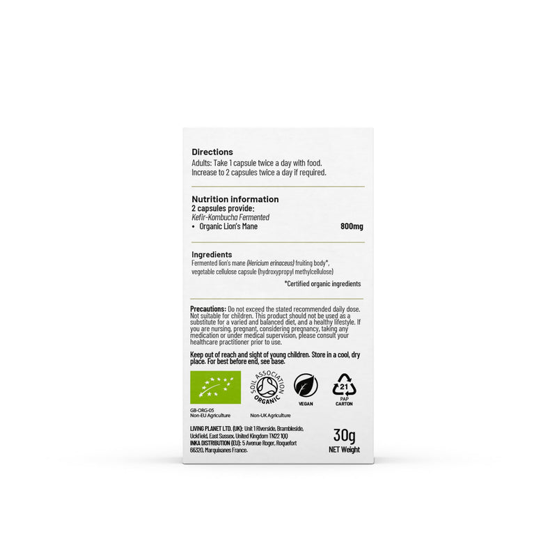Organic Fermented Lion's Mane (60 Caps) - 800mg Fermented Lion’s Mane Mushroom Per Serving