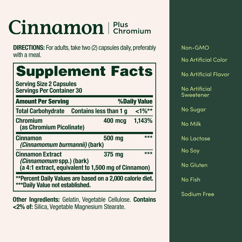 Nature's Bounty Cinnamon 2000mg Plus Chromium, 60 Capsules | Sugar Metabolism Support Supplement