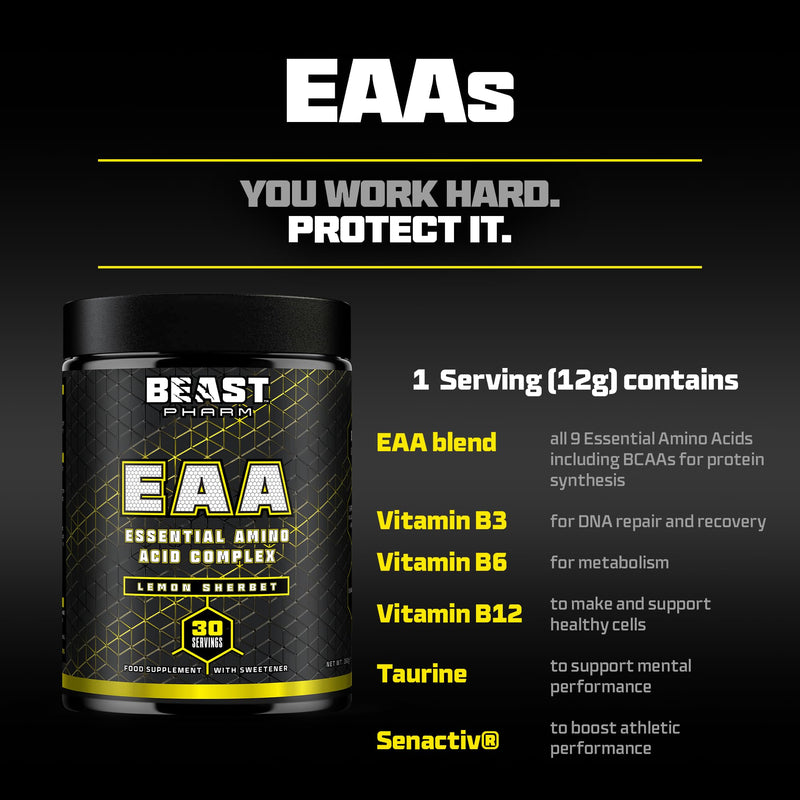 Beast Pharm 9 EAA Amino Acids with BCAA Powder 2:1:1 Ratio - Essential Amino Acids Powder - 360g - EAAs Recovery Drink - 30 Servings - Lemon Sherbet