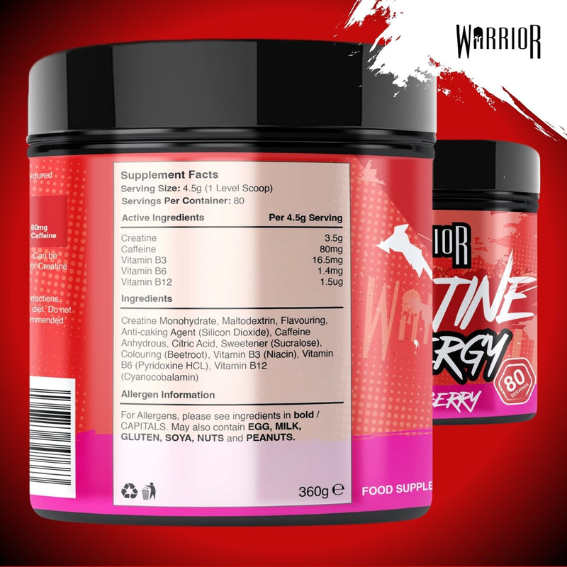 Warrior Creatine Monohydrate Powder + Energy 360g (80 Servings) – Micronised Creatine Powder Supplement + Vitamin B & Caffeine for Energy & Focus, Pre & Post Workout for Men & Women – Mixed Berry