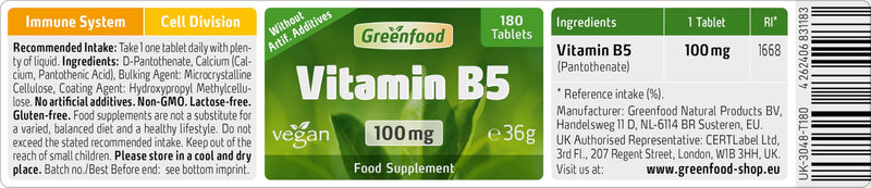 Greenfood Vitamin B5 (pantothenic Acid), 100 mg, high-dose, 180 Tablets, Vegan - contributes to The Reduction of Fatigue and The Normal Functioning of Energy Metabolism. Without Artificial additives.