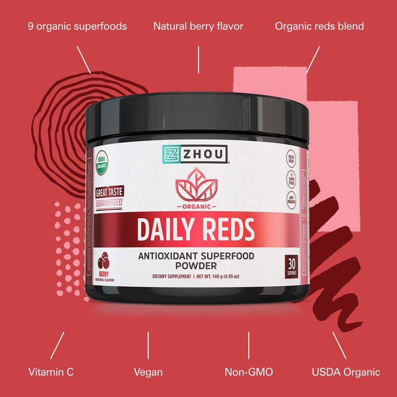 Zhou Organic Reds Powder - Natural Berry Flavor, 4.95 oz (30 Servings) | Red Powder Superfood with Beetroot, Super Fruits, Goji Berry, & Tart Cherry, Antioxidant Support for Whole-Body Health