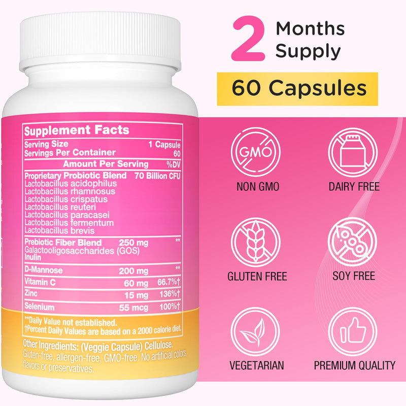 70 Billion CFUs Vaginal Probiotics, PH Balance with Probiotic & Prebiotic | Women Probioticos with D-Mannose, for Odor & Flora, Yeast, Urinary Health, Vegan, 60 Capsules