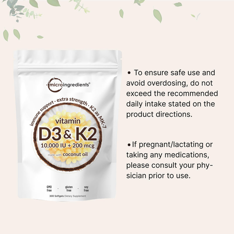 Micro Ingredients Vitamin D3 K2 MK-7 10,000 IU Per Serving, 300 Softgels | Made with Virgin Coconut Oil, K2 200 mcg Per Serving. D3 & K2 Vitamin Supplement. Easy-to-Swallow. Non-GMO, Gluten Free. 300 Count (Pack of 1)