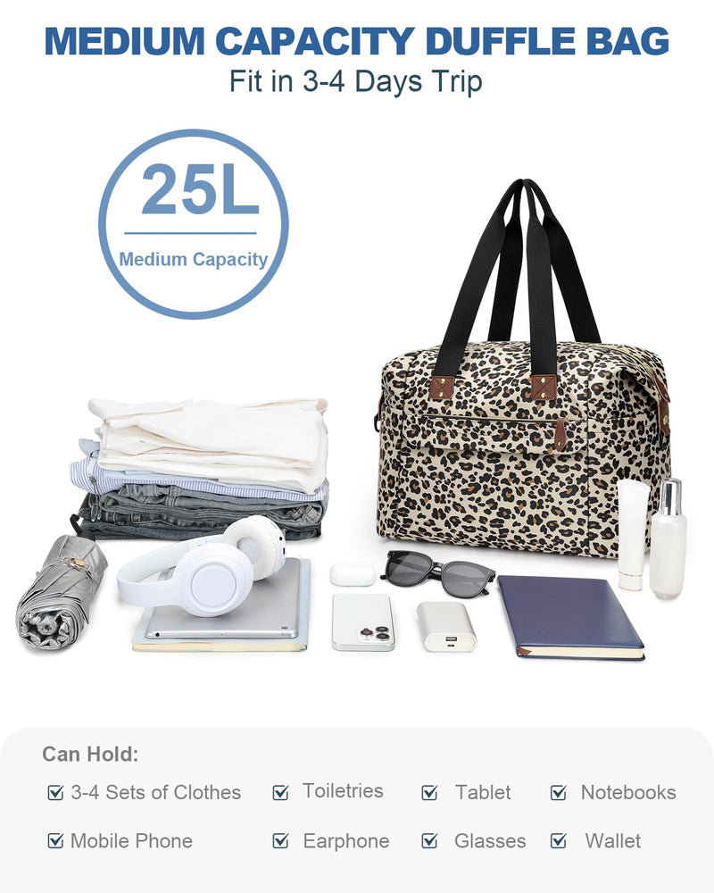 Pritent Travel Duffle Bag, Weekender Overnight Personal Item Carry On Bag | Waterproof, Duffel Bag, with Toiletry Bag, Removable Strap, Hospital Bag for Labor Delivery, Airplane Travel, Gym Large Leopard