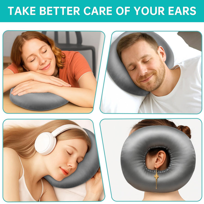 Ear Piercing Pillow for Side Sleepers - Silky Satin Piercing Pillow & Eye Mask Set with Ear Hole,CNH & Ear Pain Relief,Inflammation,Pressure Sores,Ear Guard,Washable Donut Pillow for Head Grey2