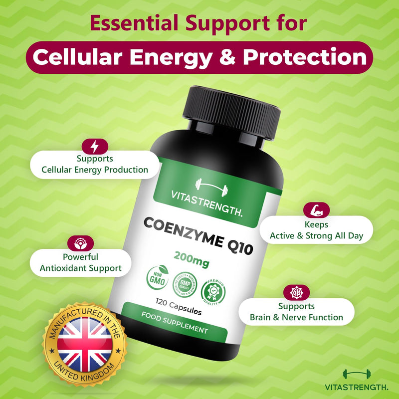 CoQ10 Supplement 200mg | 120 Vegan Co Enzyme Capsules | 2 Months Supply | Ubiquinone Form | High Absorption CoQ10 Supplements | Made in Britain | Non-GMO & Magnesium Stearate Free