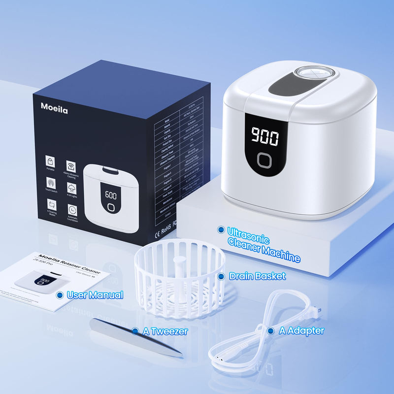 [Australia] - 45kHz Ultrasonic Retainer Denture Cleaner Machine, Fast Cleaning for Aligners, Mouth Guards, Braces, Toothbrush Heads & Jewelry, 200ML Dental Cleaning Pod, 4 Modes & Digital Timer (White) White 