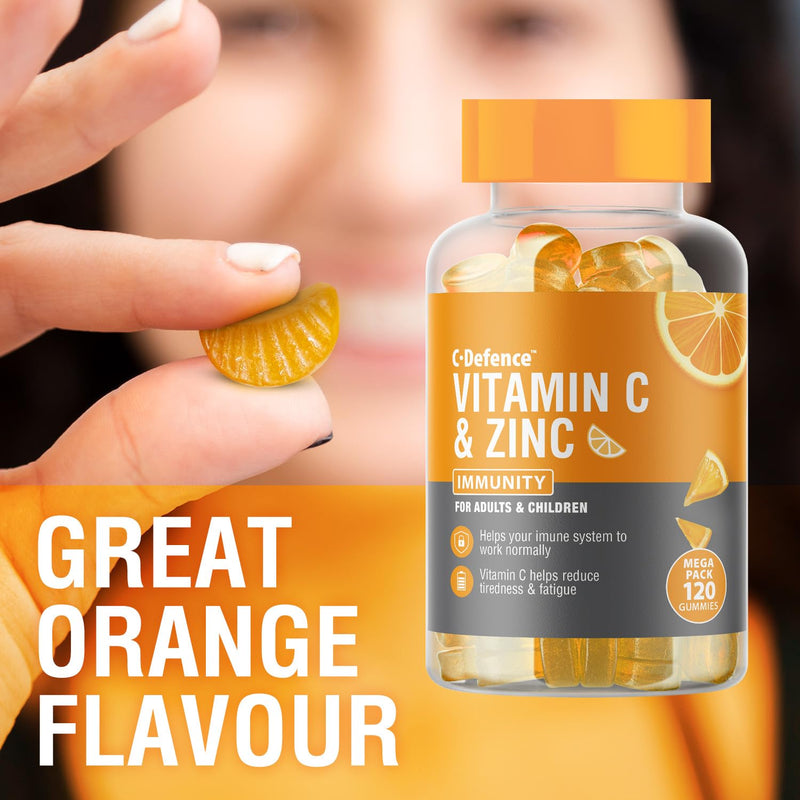 Vitamin C and Zinc Gummies by C Defence, Immunity, Vegan Gummies for Adults and Children- Orange Flavour 1 count (Pack of 120)