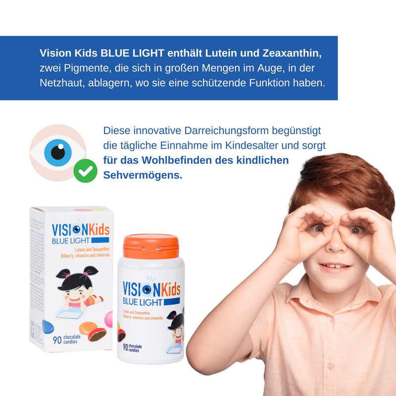 [Australia] - VISION Kids BLUE LIGHT - Protection against blue light from tablets, PCs and smartphones - Zinc, vitamins C and E - Lutein and zeaxanthin - For children - 90 chocolate flavored candies 