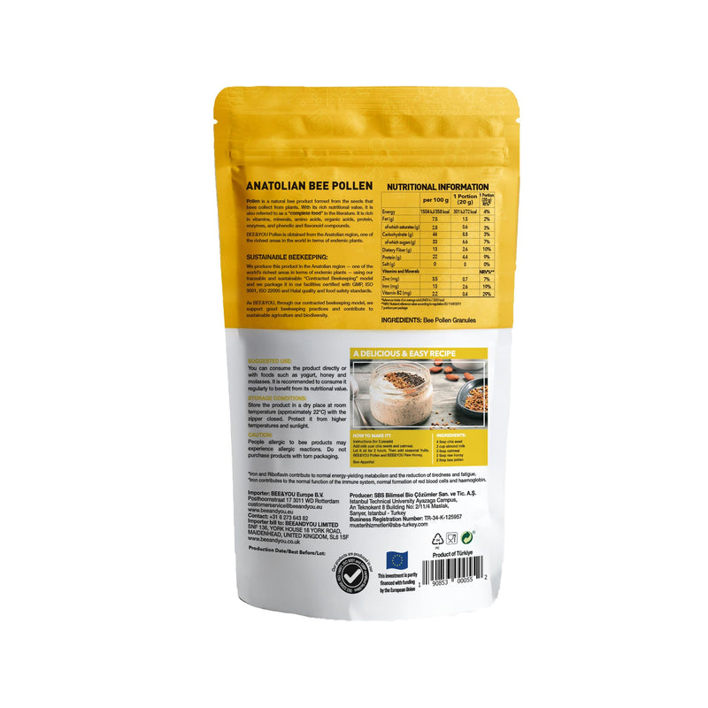 Bee and You Anatolian Bee Pollen Whole Granules 142g, Natural Bee Pollen Supplement, Source of Iron & Vitamin B2, Supports Energy Metabolism & Immune Function,Gluten Free 1 count (Pack of 1)