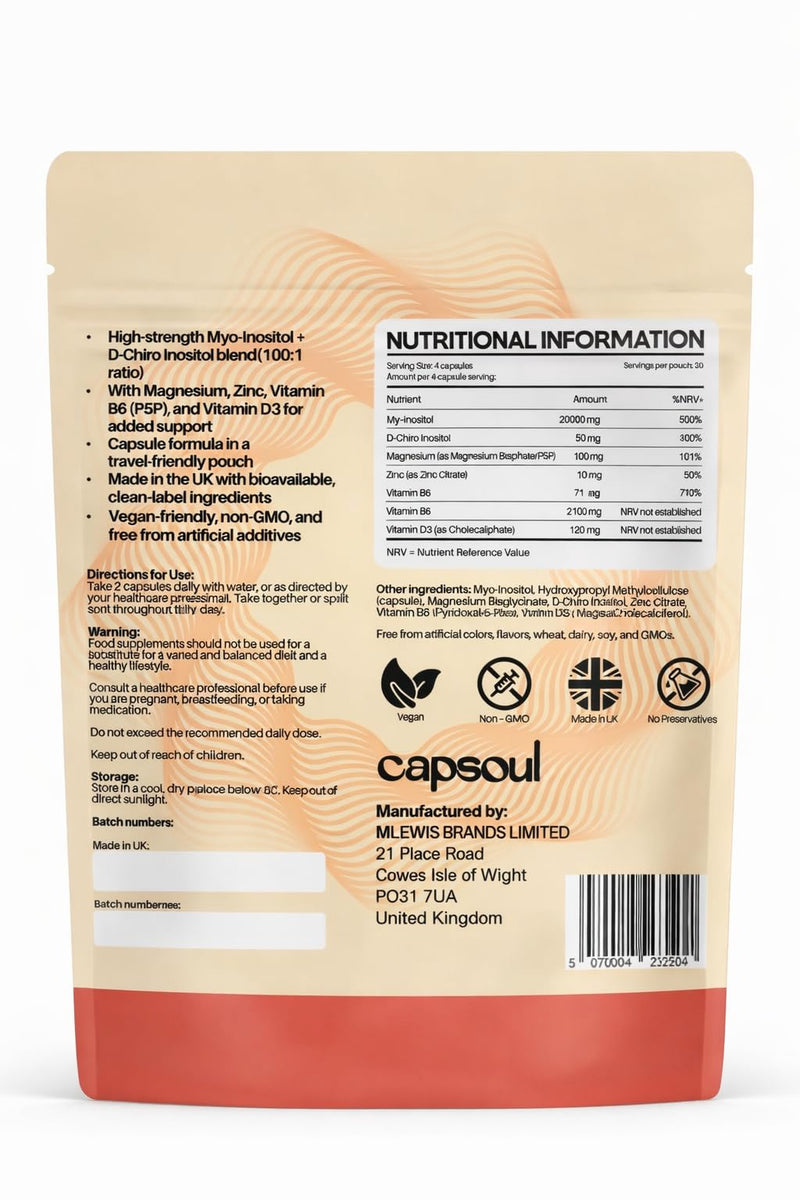 Capsoul Myo-Inositol & D-Chiro-Inositol Supplement 100:1 Ratio - Hormone Balance for Women & PCOS Support - Fertility & Ovulation Health | 2100mg Capsule