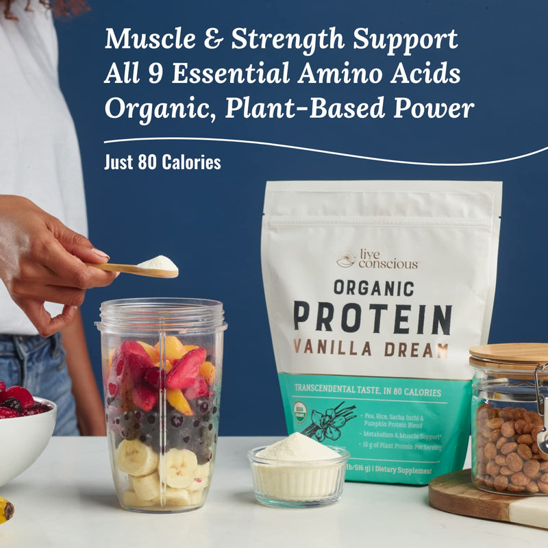 [Australia] - Live Conscious Organic Pea Protein Powder - Vanilla Dream Flavor | Plant-Based Vegan Protein Blend - Pea, Brown Rice, Pumpkin, Sacha Inchi | 20 Servings 18 oz 20 Servings (Pack of 1) 
