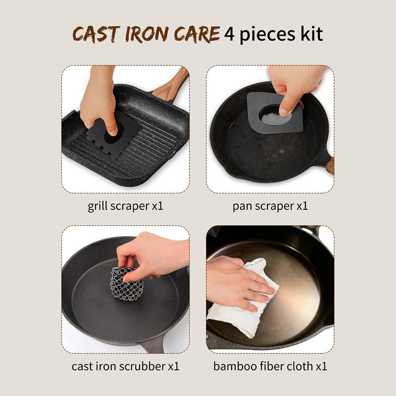 [Australia] - Herda Cast Iron Scrubber Scraper Tool Kit, 4Pieces Cast Iron Skillet Cleaner Cleaning Care Kit 316 Chain Mail Scrubber, Steel Skillet Brush Plastic Pan Scraper Set for Grill Griddle Pot Dish Food Red 4Pieces kit 